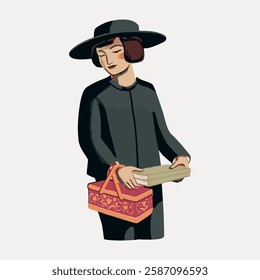 Pilgrim boy chromolithograph art, isolated vector element. 