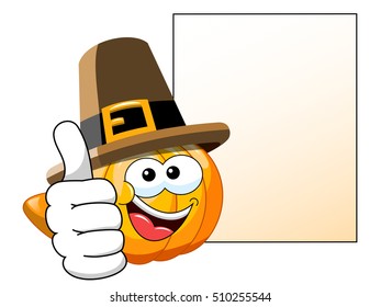 Pilgrim Cartoon pumpkin with thumb up next blank banner isolated