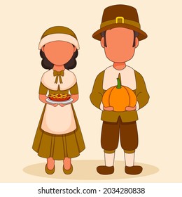 Pilgrim Couple Character Holding Pie Cake And Pumpkin In Standing Pose.