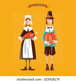 Pilgrim couple. Thanksgiving card. Vector illustration