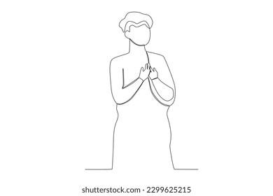 A pilgrim with curly hair is praying. Hajj pilgrims one-line drawing