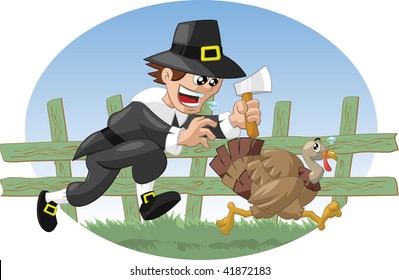 Pilgrim farmer chasing turkey