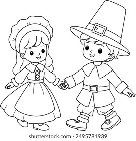 Pilgrim girl and boy holding hands outline coloring page. Thanksgiving hand drawn colouring 