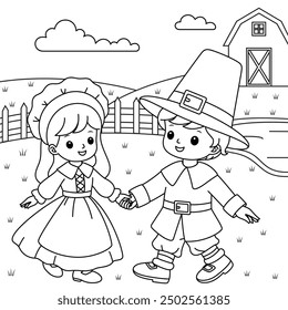 Pilgrim girl and boy holding hands on farm background outline coloring page. Thanksgiving hand drawn colouring	
