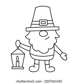 Pilgrim gnome with candle lantern. Thanksgiving day character. Doodle style. Outline vector illustration. Ideal for coloring books, stamps, greeting cards and others. 