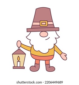 Pilgrim gnome with lantern with candle isolated on white background. Thanksgiving day concept. Cartoon style. Vector illustration.