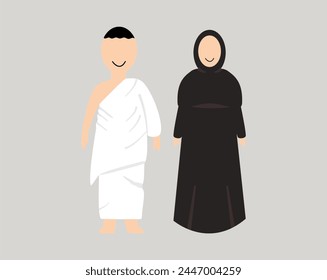 Pilgrim hajj Muslim couple vector. Illustration of a Muslim family wearing ihram for the men's and modest black dress or abaya for the women's.