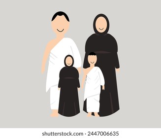 Pilgrim hajj Muslim family vector. Illustration of a Muslim family wearing ihram for the men's and modest black dress or abaya for the women's.