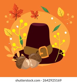 Pilgrim hat with acorns scene. Vector illustration