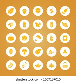 pilgrim hat and autumn icon set over yellow background, block style, vector illustration