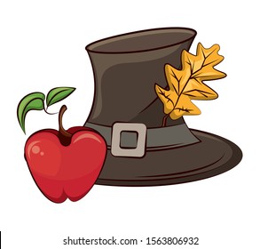 pilgrim hat with autumn leaf and apple fruit vector illustration design