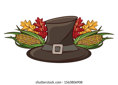 pilgrim hat with autumn leaf and corn vegetable vector illustration design