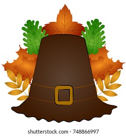 Pilgrim hat and autumn leaves, Thanksgiving day, Vector illustration