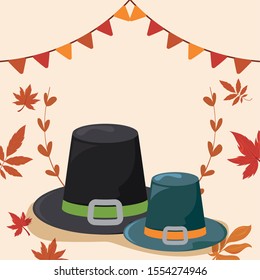 pilgrim hat with autumn leaves vector illustration design