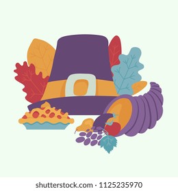 Pilgrim hat with buckle, thanksgiving pie, cornucopia and autumn forest symbols - leaves, berries pattern. Cartoon vector illustration. Sign of thanksgiving holiday, autumn and harvest.