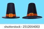 Pilgrim hat different views. Cartoon render element in 3d realistic style. Authentic head accessory. Vector illustration.