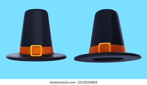 Pilgrim hat different views. Cartoon render element in 3d realistic style. Authentic head accessory. Vector illustration.