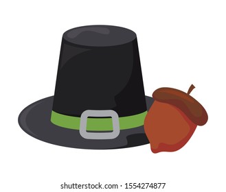 pilgrim hat with hazelnut on white background vector illustration design