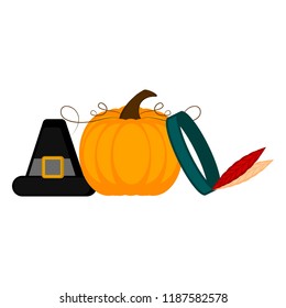 Pilgrim hat, indian hat and a pumpkin
