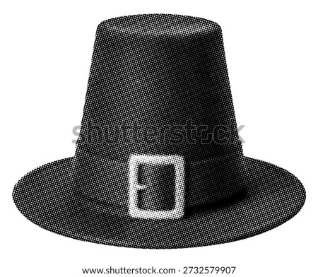 pilgrim hat isolated retro halftone vintage dots texture cut-out collage element for mixed media design wide brim tall conical crown buckle early heritage american settlers seasonal thanksgiving
