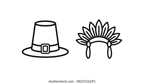 Pilgrim Hat And Native American Headdress Black Line Art Illustration On White