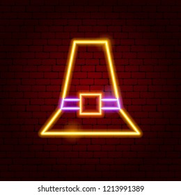 Pilgrim Hat Neon Sign. Vector Illustration of Thanksgiving Promotion.