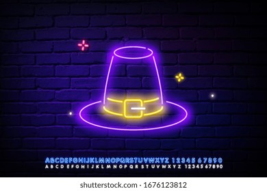 Pilgrim Hat Neon Sign. Vektorillustration Illustration der Thanksgiving-Promotion.