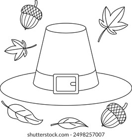 Pilgrim hat outline coloring page. Thanksgiving hand drawn colouring 