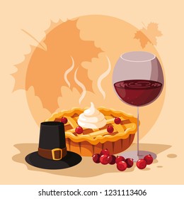 pilgrim hat with pie and cup wine