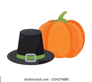 pilgrim hat with pumpkin on white background vector illustration design