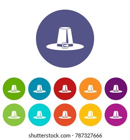 Pilgrim hat set icons in different colors isolated on white background