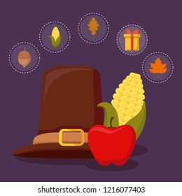 pilgrim hat of thanksgiving day with set icons