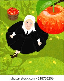 Pilgrim kid looking at an apple