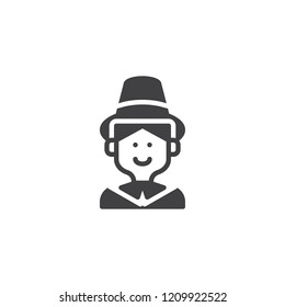 Pilgrim man with hat vector icon. filled flat sign for mobile concept and web design. Thanksgiving holiday simple solid icon. Symbol, logo illustration. Pixel perfect vector graphics