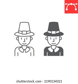 Pilgrim man line and glyph icon, thanksgiving and traditional, pilgrim man vector icon, vector graphics, editable stroke outline sign, eps 10.