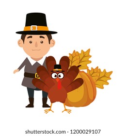 pilgrim man with turkey and pumpkin