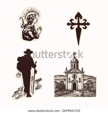 Pilgrim man walking on road to church on trail. Country landscape motif camino shell, backpack. For catholic pilgrimage, European camino to Santiago de Compostela symbol. Hand drawn vector clip art