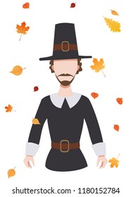 Pilgrim on the background of falling leaves, Thanksgiving Day