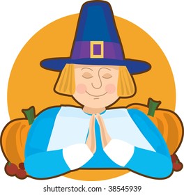 A pilgrim praying on an orange circle background