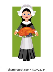 Pilgrim and roast turkey. Vector Illustration. 
