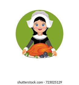 Pilgrim and roast turkey. Vector Illustration. 

