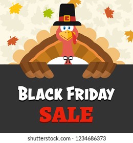 Pilgrim Turkey Bird Cartoon Mascot Character Over A Sign Black Friday Sale. Vector Illustration Flat Design Over Background With Autumn Leaves