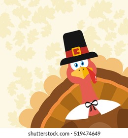 Pilgrim Turkey Bird Cartoon Mascot Character Peeking From A Corner. Vector Illustration Flat Design Over Background With Autumn Leaves