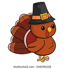 Pilgrim Turkey Bird. Happy Thanksgiving Day. Funny cartoon turkey bird in pilgrim hat. Vector illustration in cartoon style. Isolated on white background.