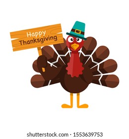 Pilgrim Turkey Bird. Happy Thanksgiving Day. Funny cartoon turkey bird in pilgrim hat. Vector illustration in cartoon style. Isolated on white background.