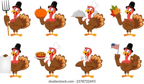 Pilgrim Turkey Cartoon Character In Diferent Poses.Vector Flat Design Collection Set Isolated On Transparent Background