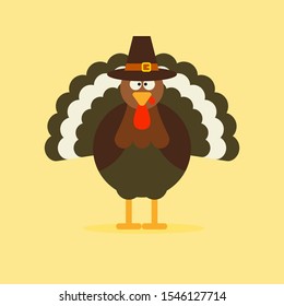 Pilgrim turkey in cartoon style. Funny character Thanksgiving. Happy Thanksgiving funny illustration. Flat style. Mascot Character. Vector Illustration Flat Design 