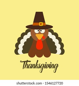 Pilgrim turkey in cartoon style. Funny character Thanksgiving. Happy Thanksgiving funny illustration. Flat style. Mascot Character. Vector Illustration Flat Design 