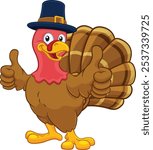 Pilgrim Turkey Thanksgiving bird animal cartoon character wearing a pilgrims hat and giving a thumbs up
