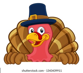 Pilgrim Turkey Thanksgiving bird animal cartoon character wearing a pilgrims hat. Peeking over a background sign 